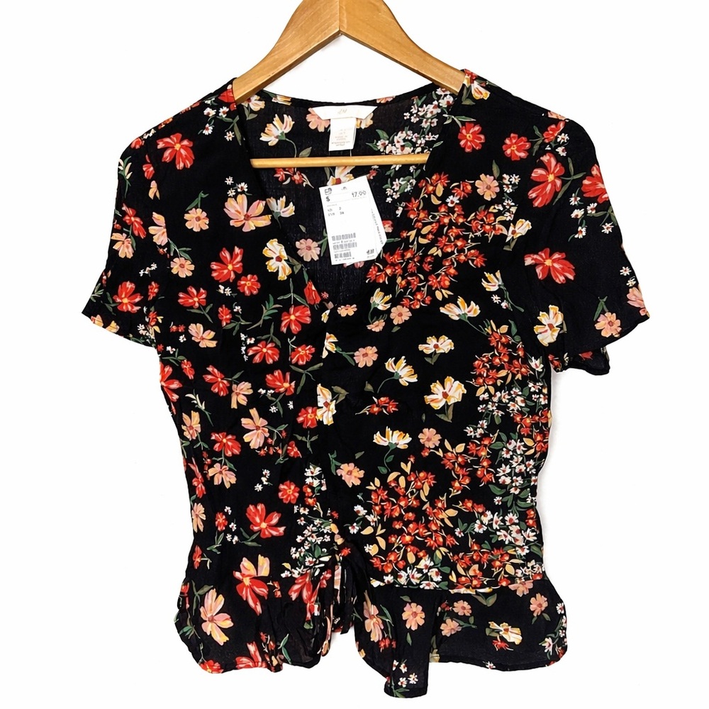 H&M Black Floral Wrap Top with Red & Cream Flowers